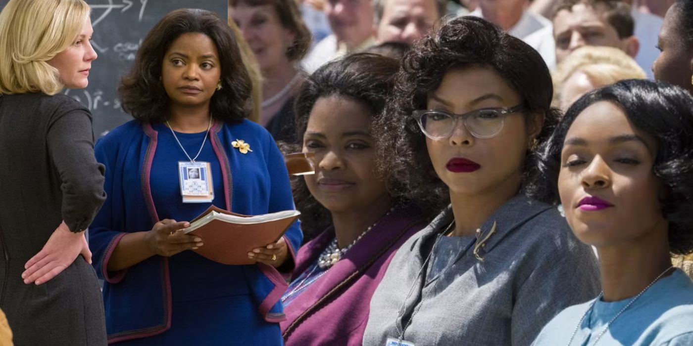 Collage of Octavia Spencer looking at Kirsten Dunst and then standing with Taraji P Henson and Janelle Monae in Hidden Figures
