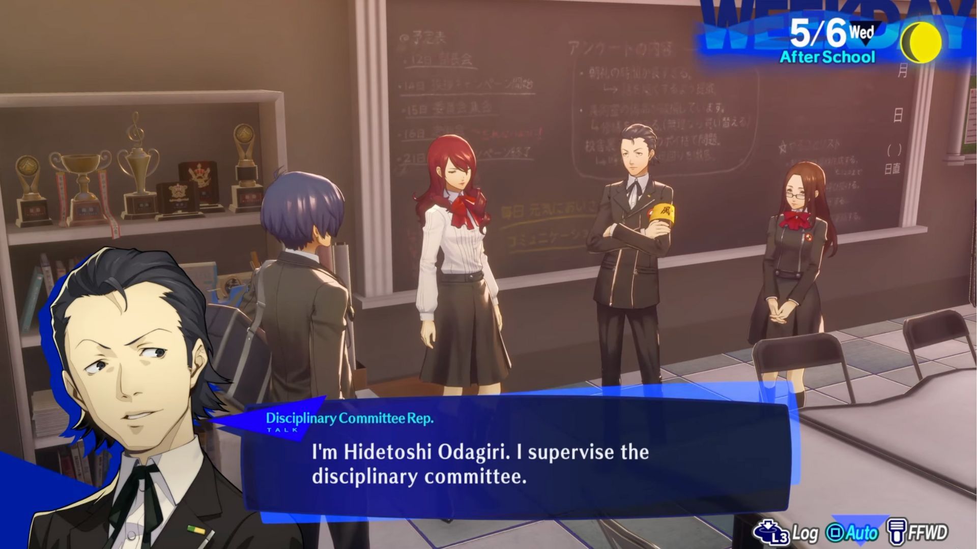 Hidetoshi speaking with Makoto in Persona 3 Reload in the Student Council Classroom
