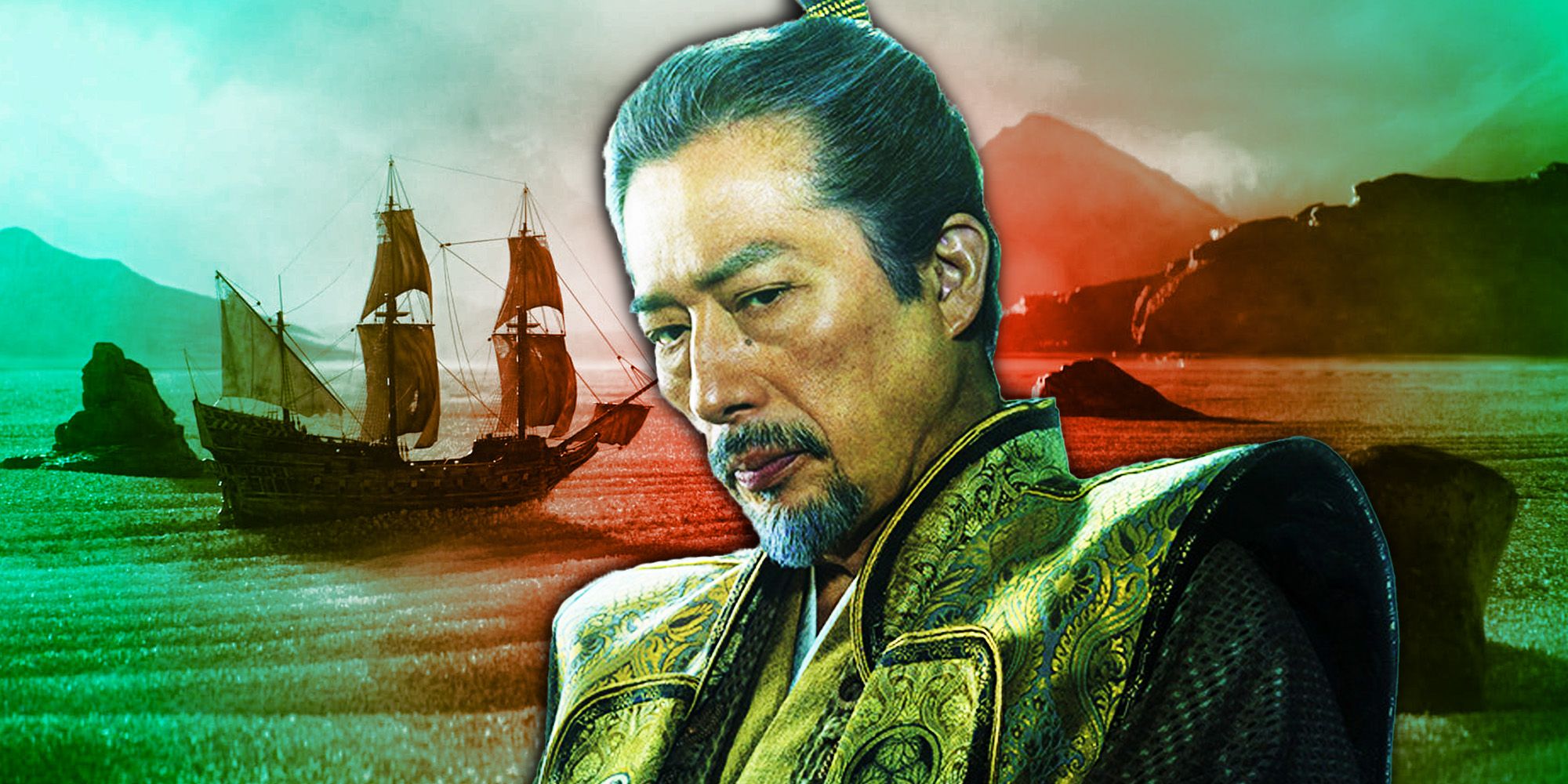 Hiroyuki Sanada as Lord Toranaga in Shogun in front of ships arriving in Japan