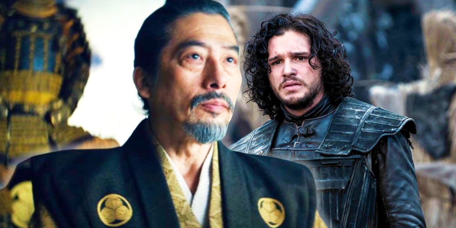 Hiroyuki Sanada em Shogun justaposto a Kit Harington como Jon Snow em Game of Thrones