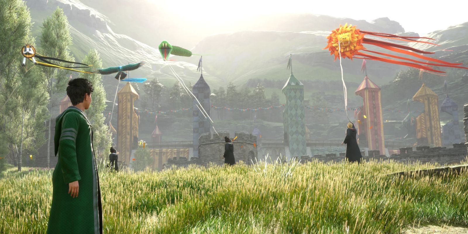 Hogwarts Legacy NPCs fly kites representing the four Hogwarts houses.