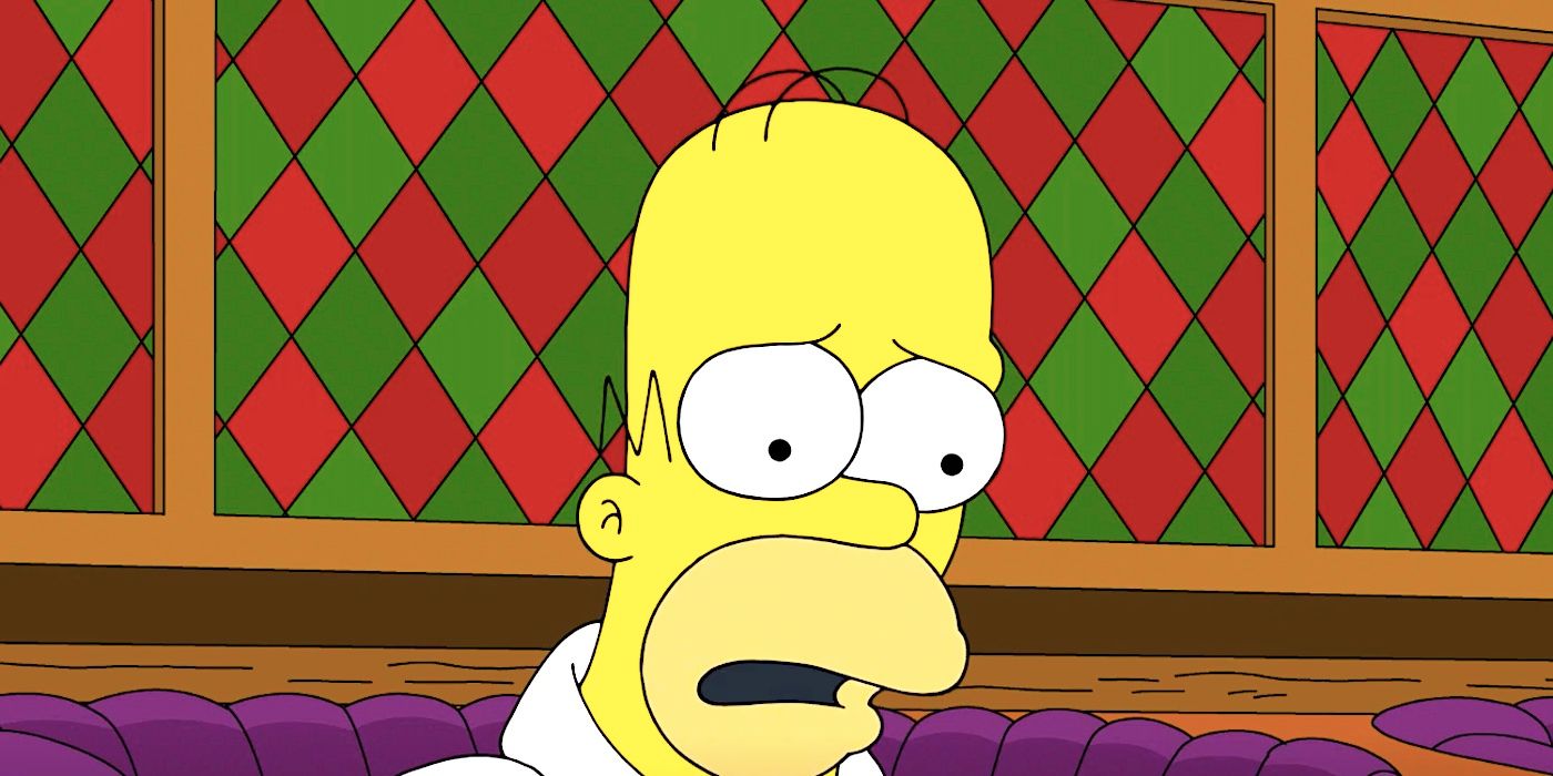 Homer looking dismayed in Moe's Tavern in The Simpsons season 35 episode 11