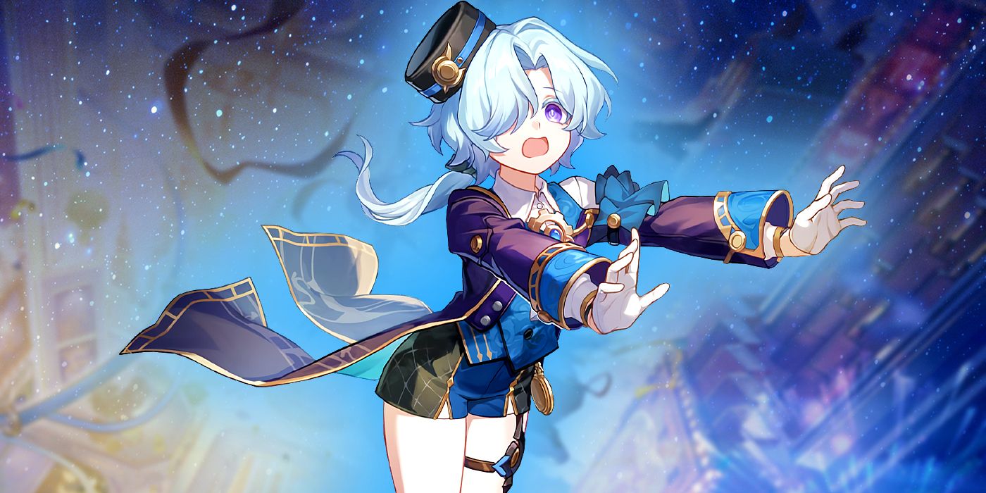 Honkai Star Rail's Misha looks desperate as he stumbles. Behind him is a starry night effect.