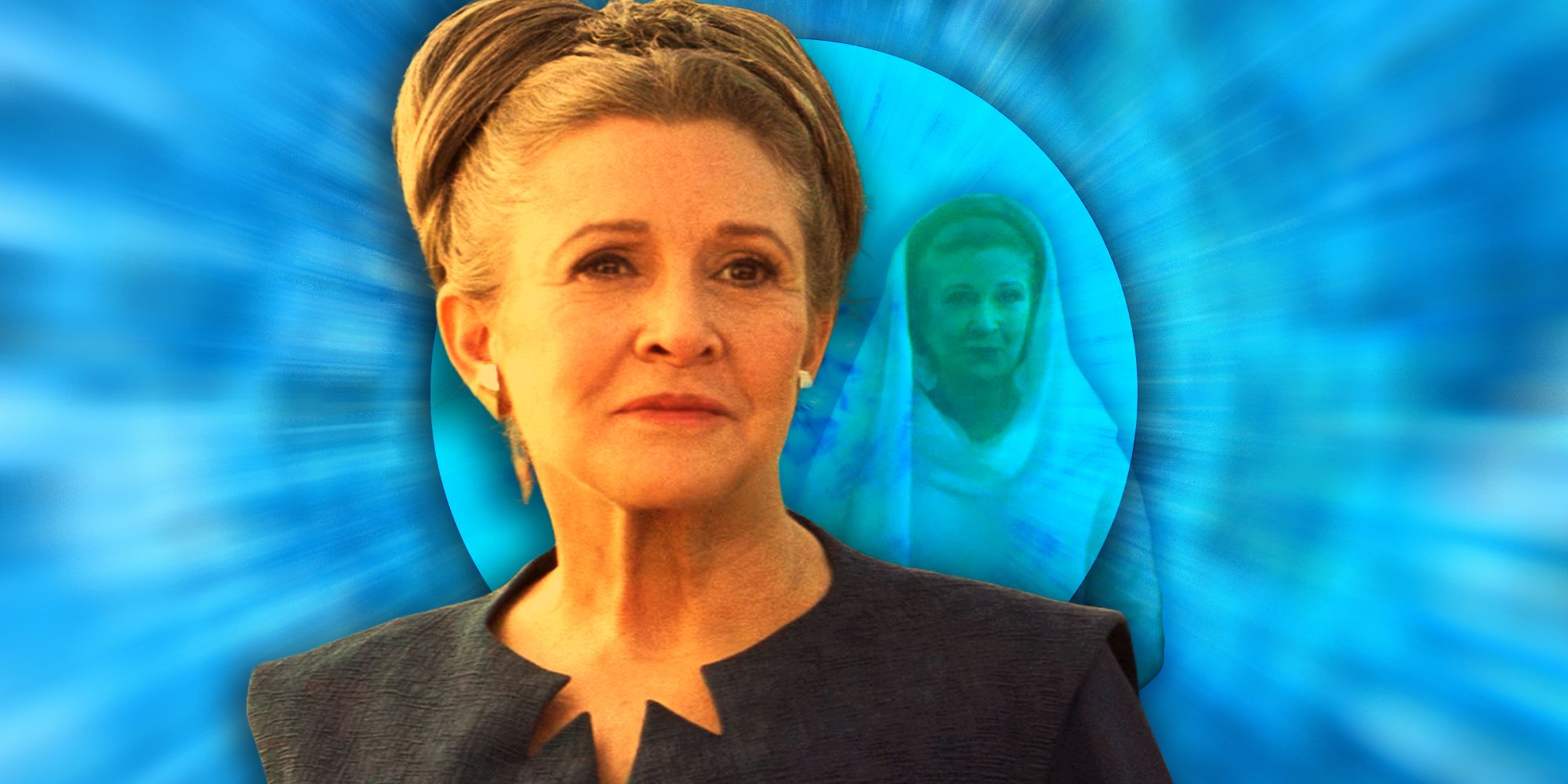 Carrie Fisher smiles as Princess Leia in The Force Awakens with her Force ghost superimposed in the background