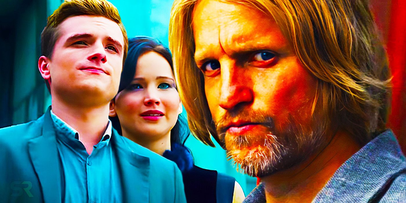 Josh Hutcherson as Peeta Mellark, Jennifer Lawrence as Katniss Everdeen, and Woody Harrelson as Haymitch Abernathy in The Hunger Games: Catching Fire.