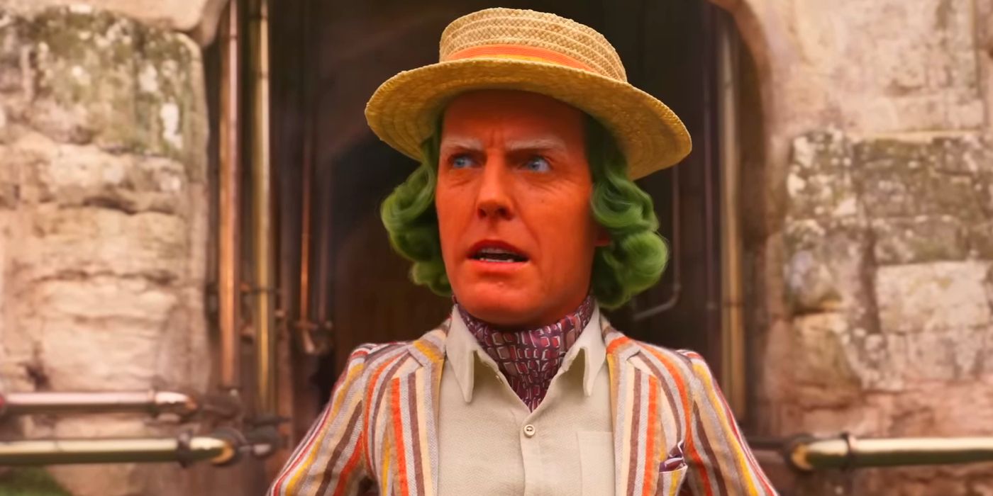 Hugh Grant como Lofty the Oompa Loompa parecendo indignado em Wonka