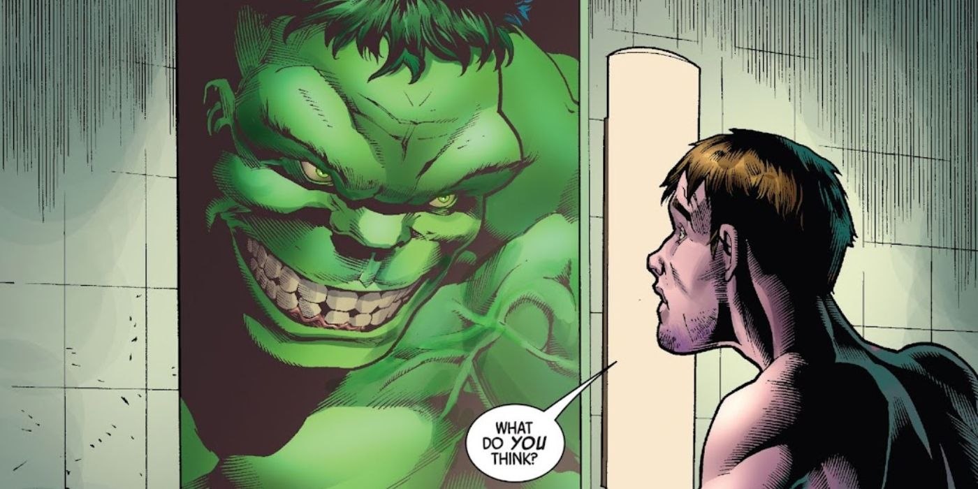 Bruce Banner olhando para Hulk no espelho.