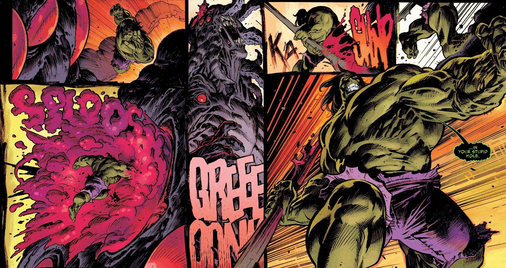 The Hulk attacks a gigantic, many-eyed behemoth, punching straight through the creature in an explosion of guts and snapping off its spines.