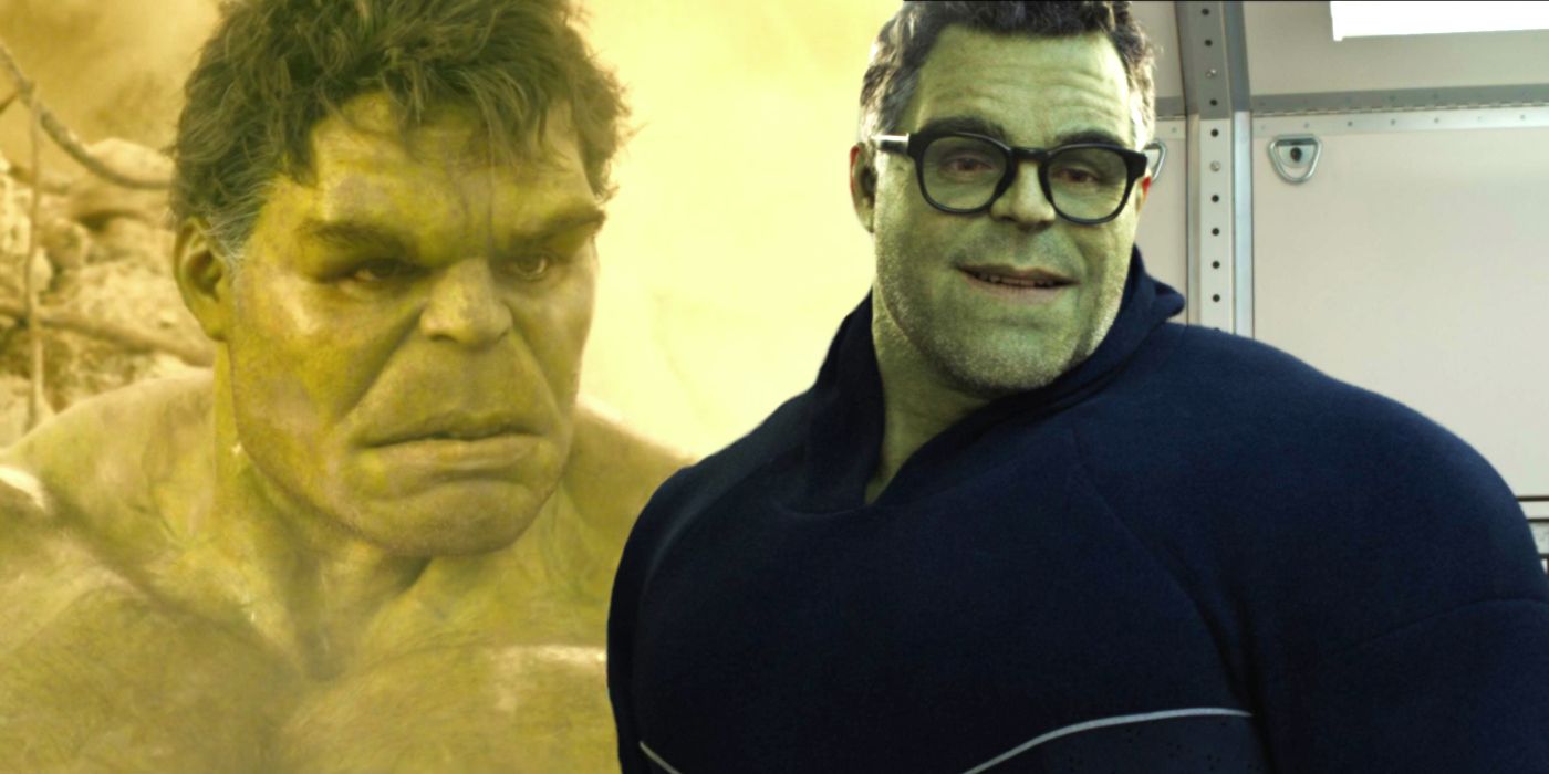 Imagem dividida de Mark Ruffalo como Hulk em Vingadores: Era de Ultron e como Smart Hulk em Vingadores: Ultimato