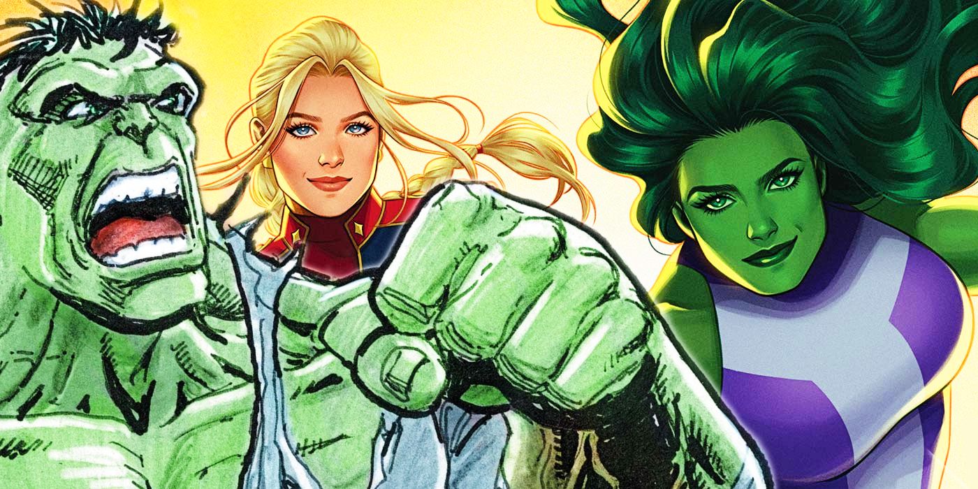 Hulk, left, shakes his fist in rage as She-Hulk stands triumphantly with Captain Marvel.
