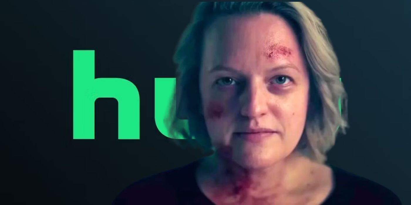 Elisabeth Moss from The Handmaid's Tale bloody and bruised in Front of Hulu Logo