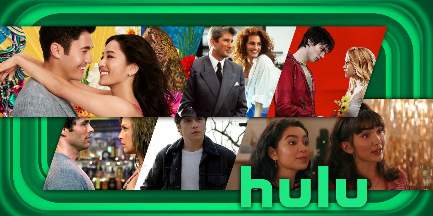 A composite image features characters from the rom-coms Crazy Rich Asians, Pretty Woman, Warm Bodies, 27 Dresses, Love Simon, and Crush on Hulu