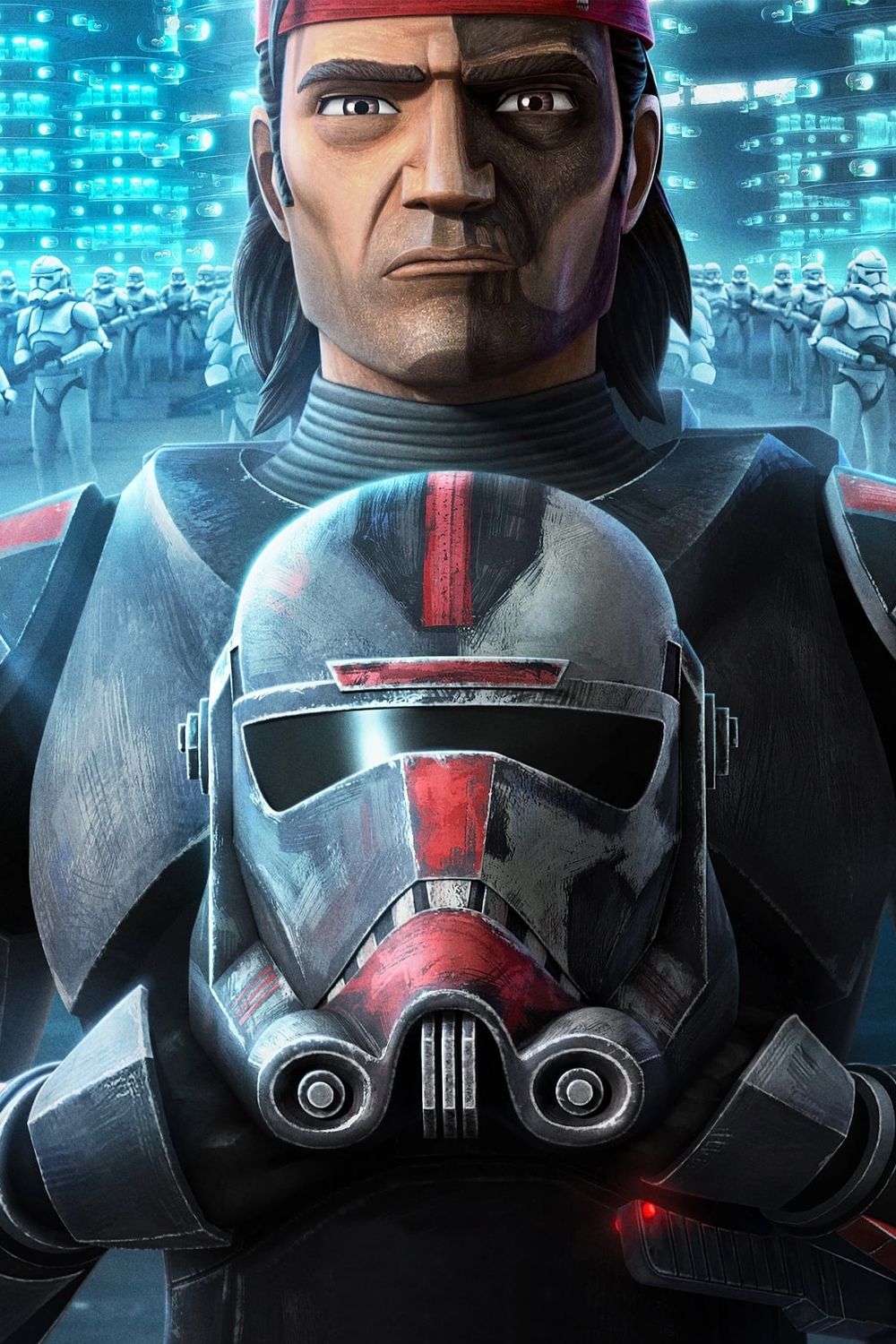 Caçador de Star Wars the Bad Batch segurando um capacete na frente de um exército clone-1