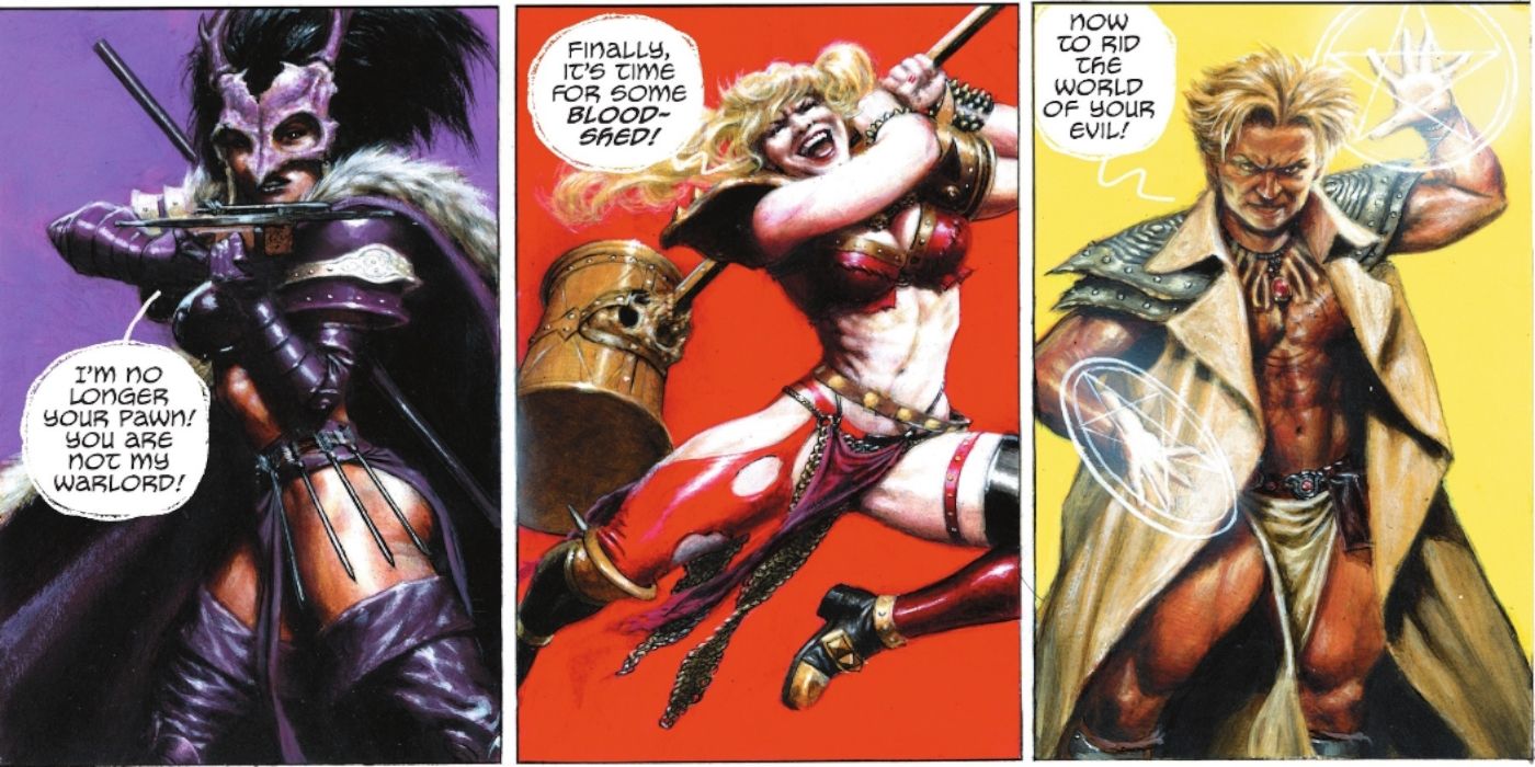 Comic book panels: Huntress, Harley Quinn, and John Constantine in barbarian outfits