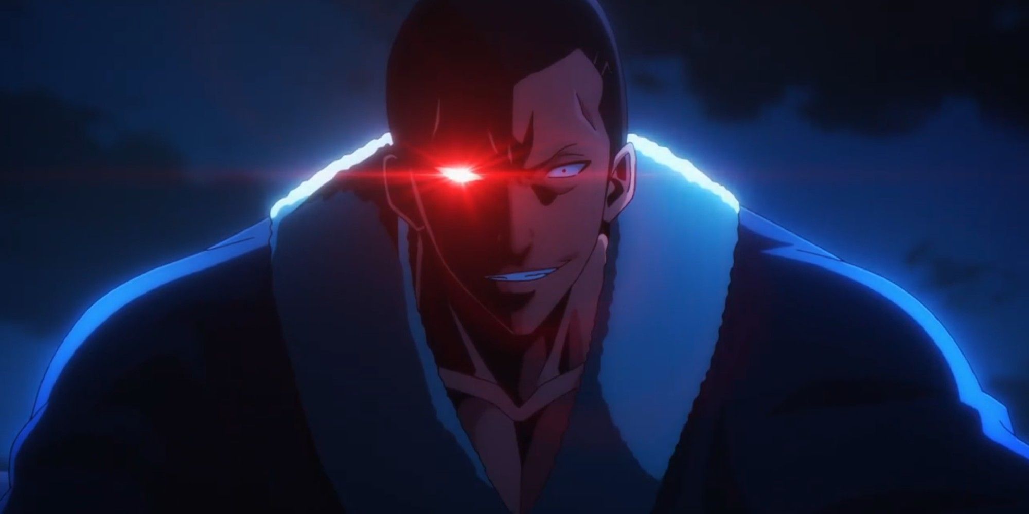 Hwang Dongsoo com um de seus olhos brilhando em vermelho na adaptação do anime Solo Leveling.