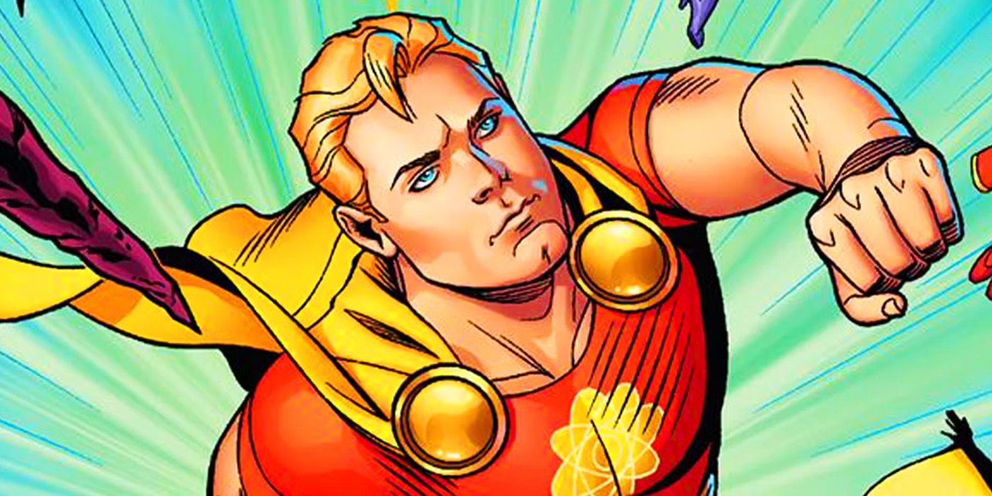 Hyperion flying in orange and yellow costume in Marvel Comics