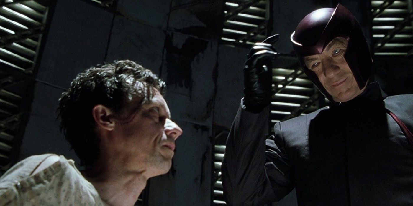 (Ian McKellen) Magneto points at his helmet while looking at Jason Stryker in X2