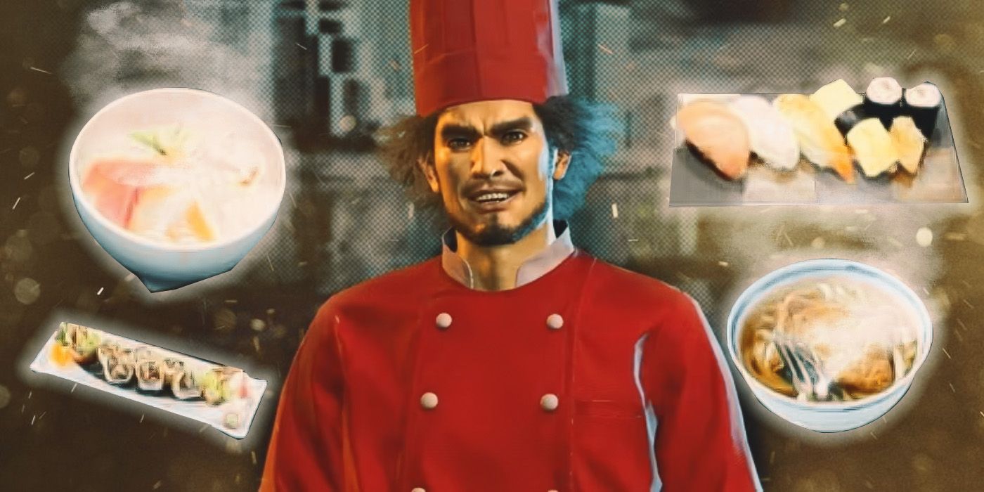 Ichiban wearing a chef's coat and toque, surrounded by a variety of dishes in screenshots from Like a Dragon: Infinite Wealth.