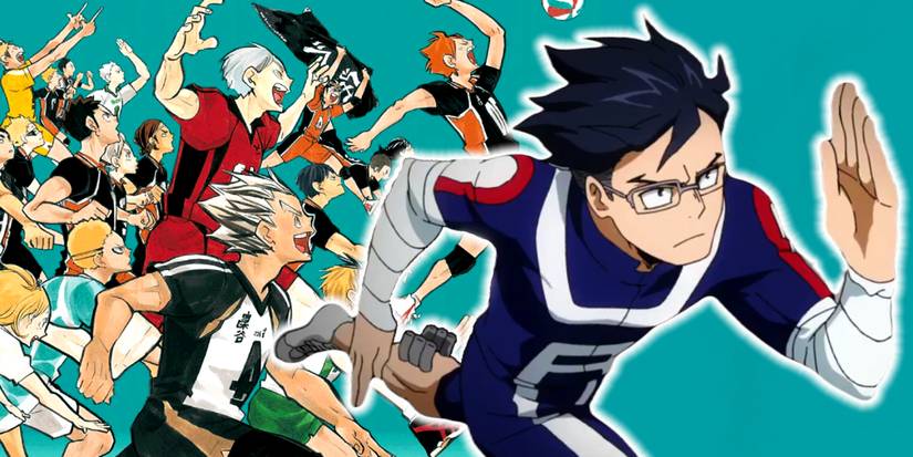 IIda Tenya from My Hero Academia running with characters from Haikyuu running behind him