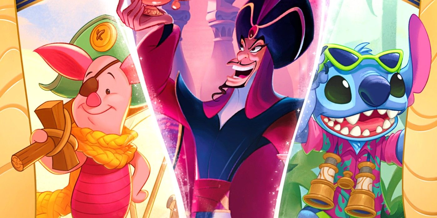 Illuimneer's Trove of Disney Lorcana: Into the Inklands' artwork featuring Piglet, Jafar, and Stitch.