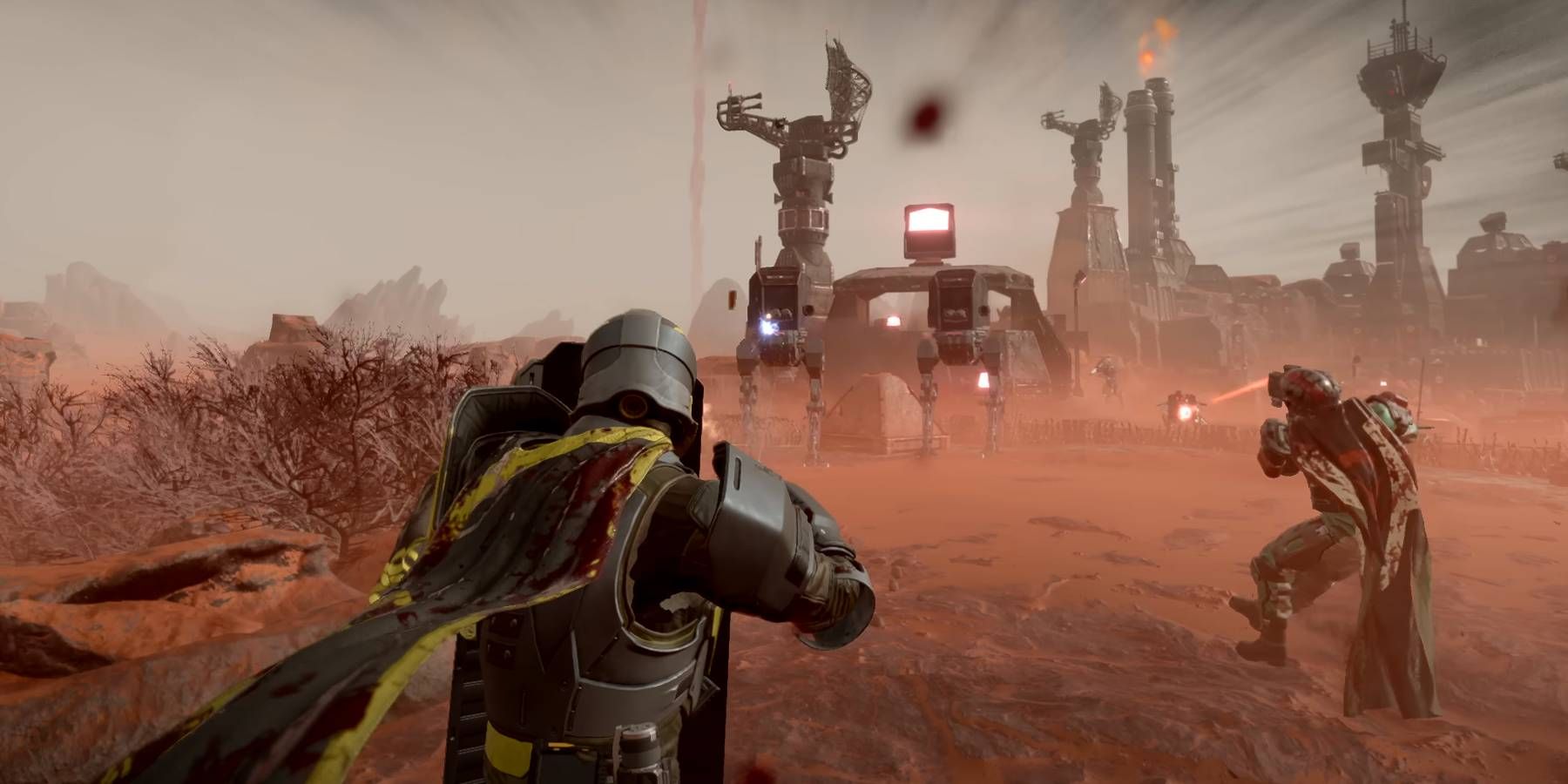 Personagem Helldivers 2 atacando dois inimigos Scout Strider Automaton durante uma missão Bot