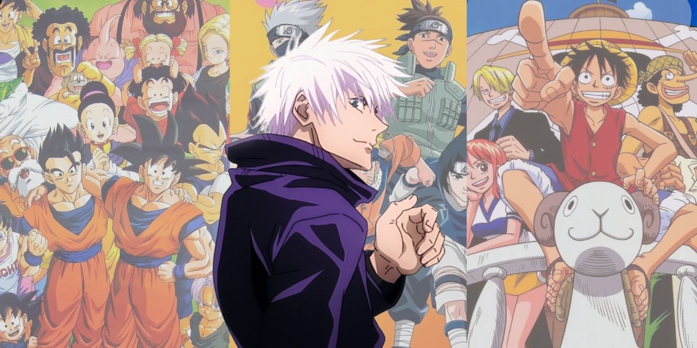 Gojo Satoru from Jujutsu Kaisen standing in front of Naruto, Dragon Ball, and One Piece characters