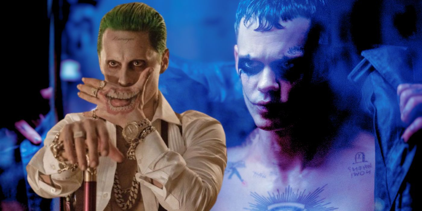 Images of Jared Leto as Joker in Suicide Squad and Bill Skarsgard wearing a jacket in The Crow
