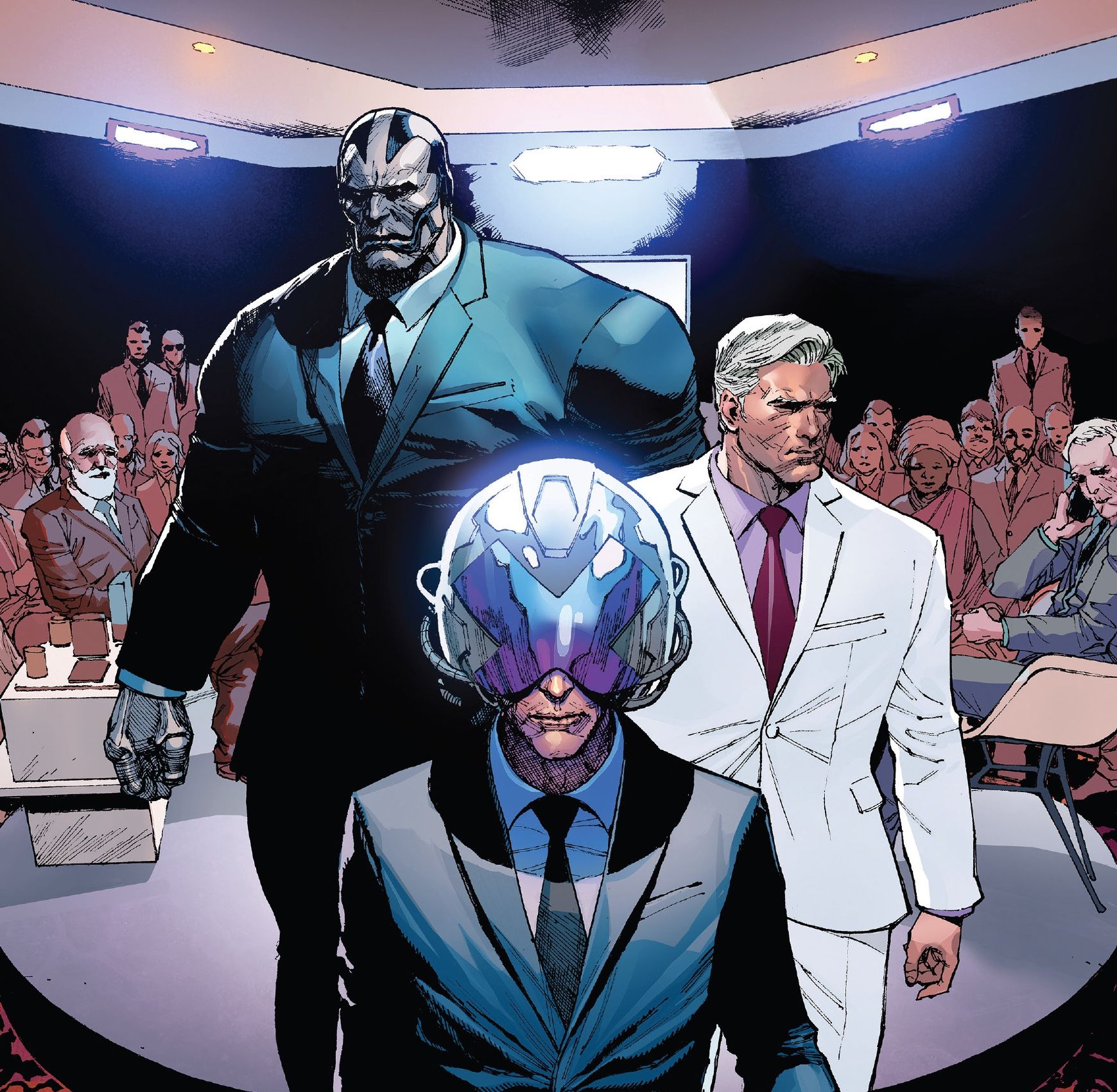 Professor X, Magneto e Apocalipse na Conferência Econômica Mundial de Davos na capa de X-Men #4 (2019)