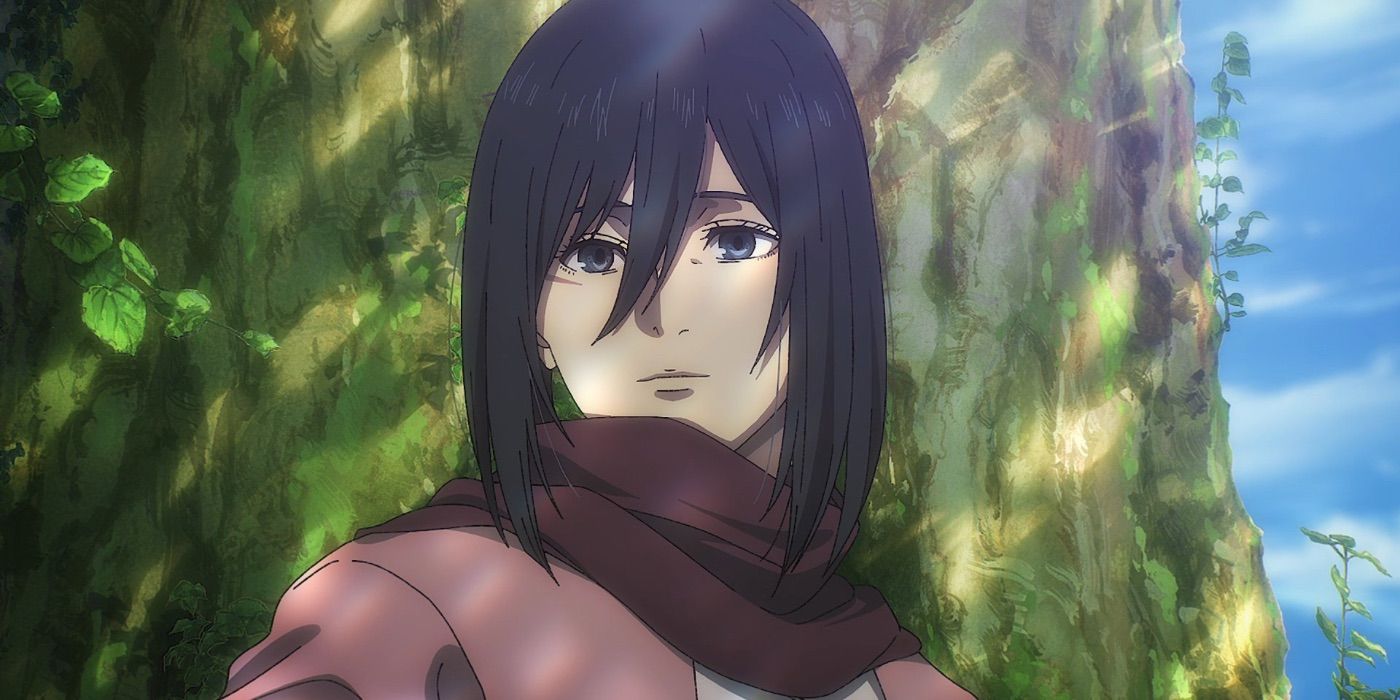 Mikasa Ackerman sitting by a tree in Attack on Titan