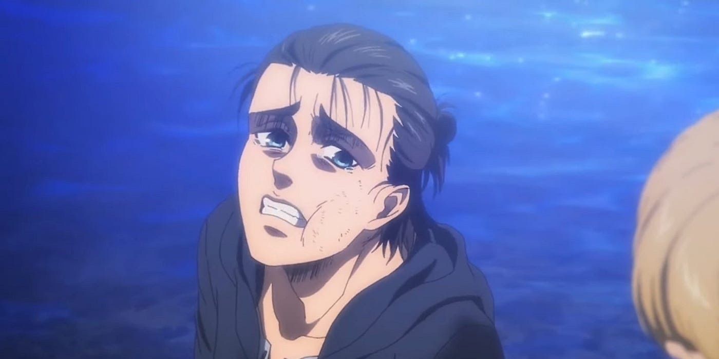 Eren crying to Armin in Attack on Titan