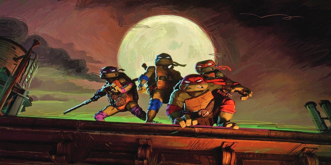 Leonardo, Donatello, Michelangelo e Raphael no telhado em Teenage Mutant Ninja Turtles: Mutant Mayhem (2023).