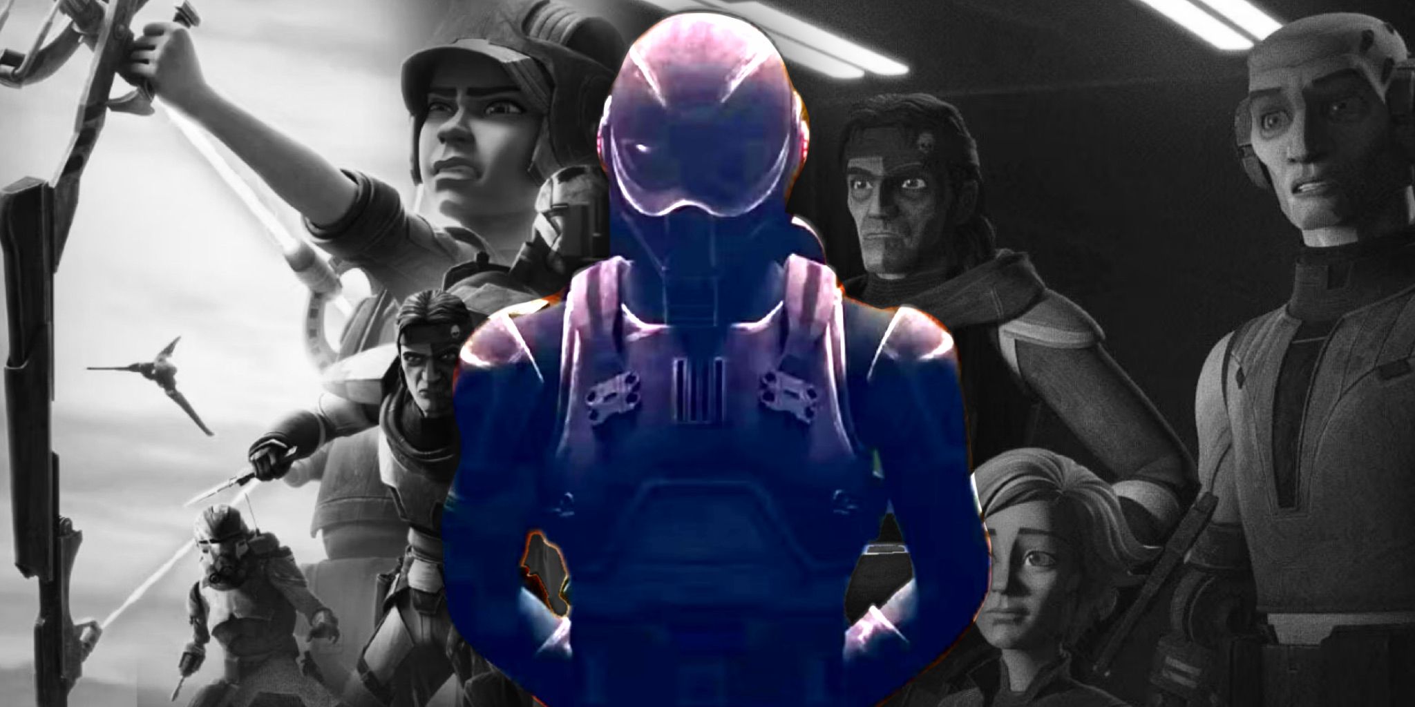 The mysterious masked soldier in The Bad Batch season 3 superimposed over The Bad Batch posters