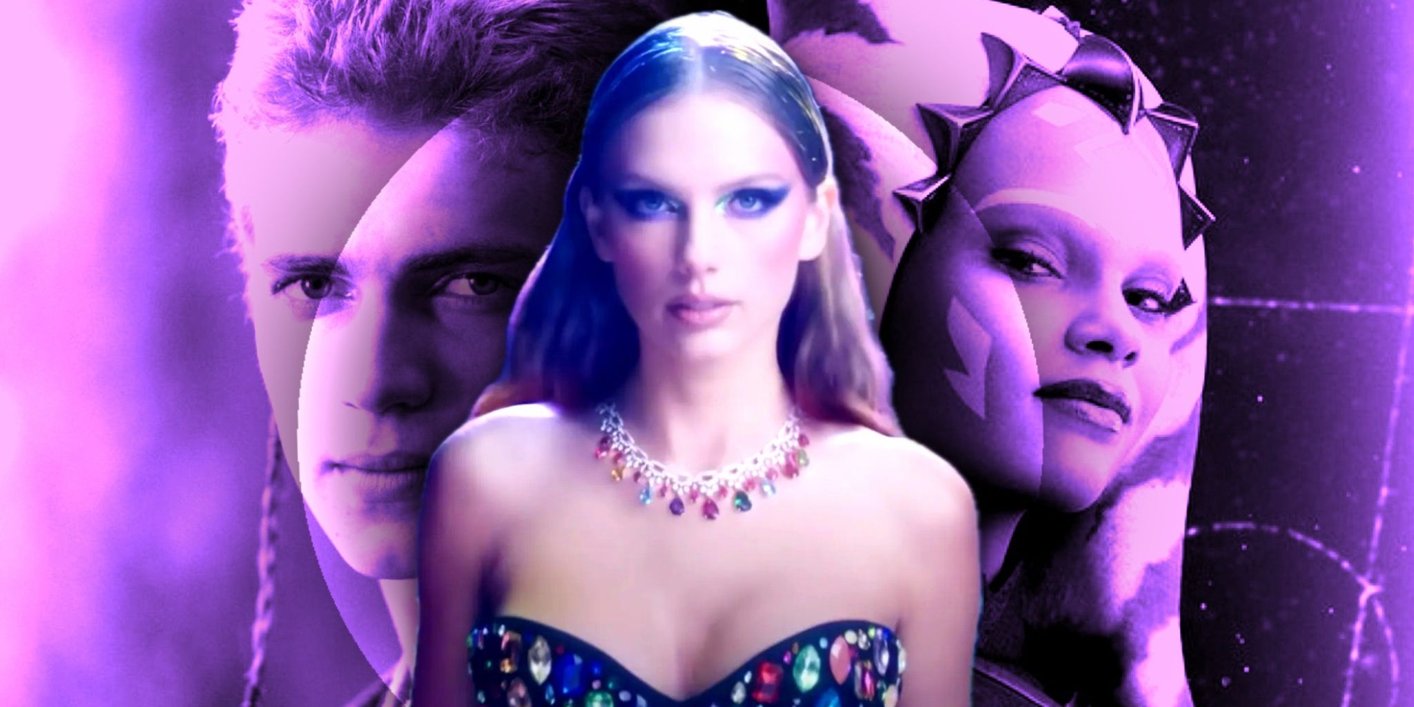 Taylor Swift in her Bejeweled music video with Hayden Christensen’s Anakin Skywalker and Ariana Greenblatt’s Ahsoka Tano