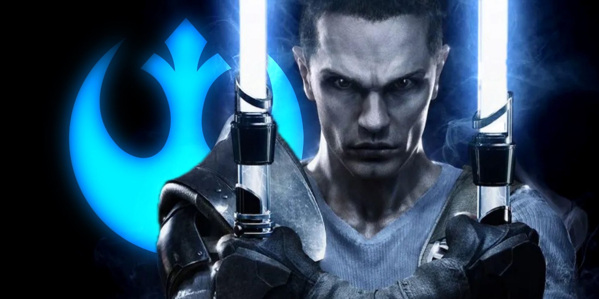 Sam Witwer's Starkiller with his lightsabers and a focused face superimposed over the Rebellion logo