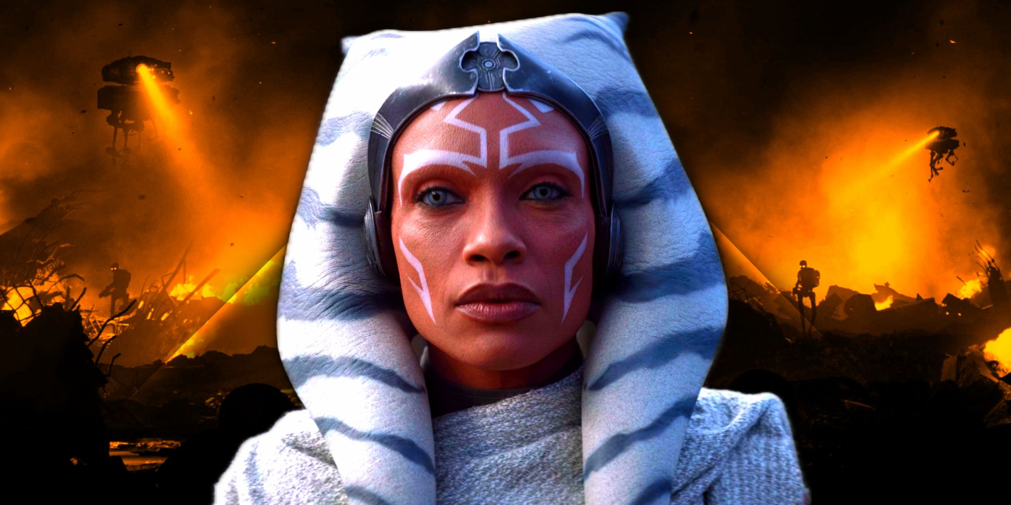 Ahsoka Tano superimposed over the Purge of Mandalore in Star Wars