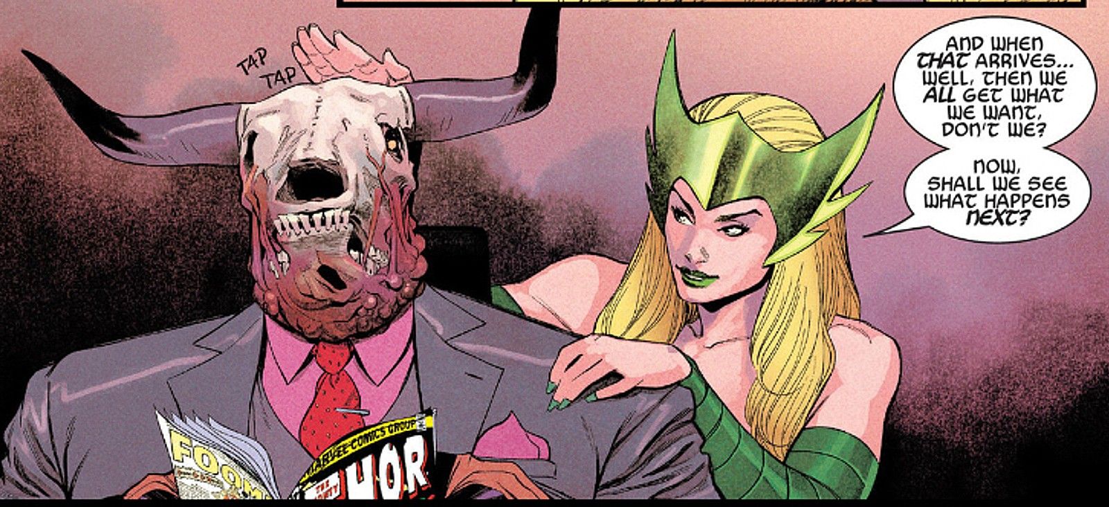 Immortal Thor #7, Enchantress dá um tapinha na cabeça do CEO da Roxxon, Dario Agger