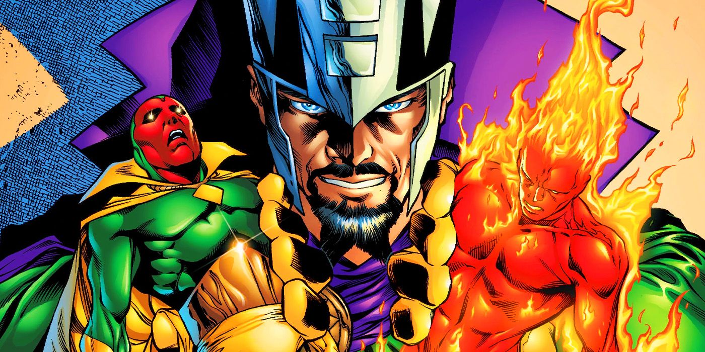 Immortus com Visão e a Tocha Humana em Avengers Forever da Marvel Comics