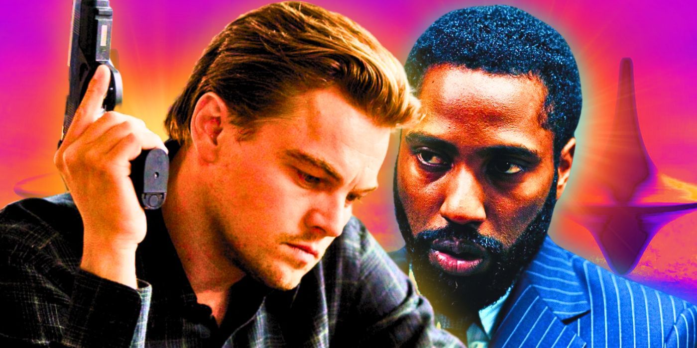 Leonardo DiCaprio holding a pistol and looking thoughtfully at something off screen in Inception and John David Washington with a tired expression in Tenet, and the spinning top totem from Inception in the background