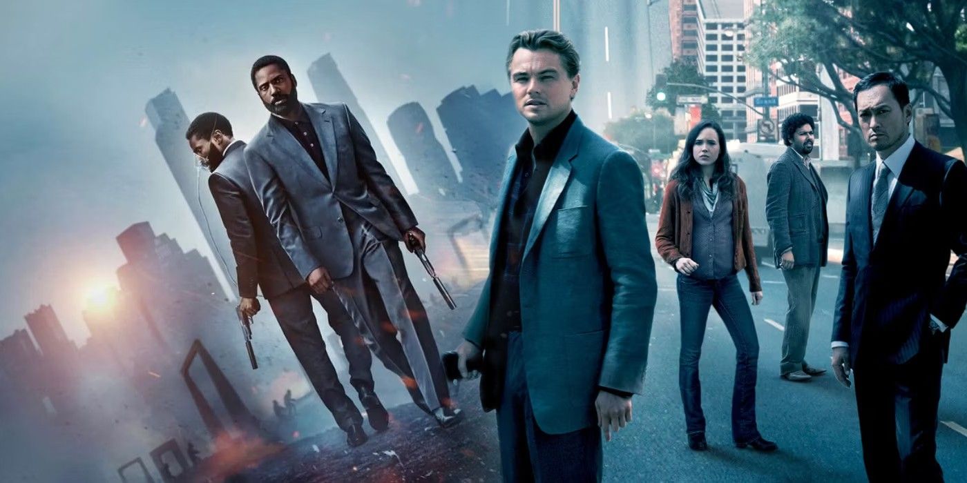 The poster for Tenet with both versions of Protagonist (John David Washington) next to the poster for Inception with Cobb (Leonardo DiCaprio), Ariadne (Elliot Paige), Yusuf (Dileep Rao), and Saito (Ken Watanabe)