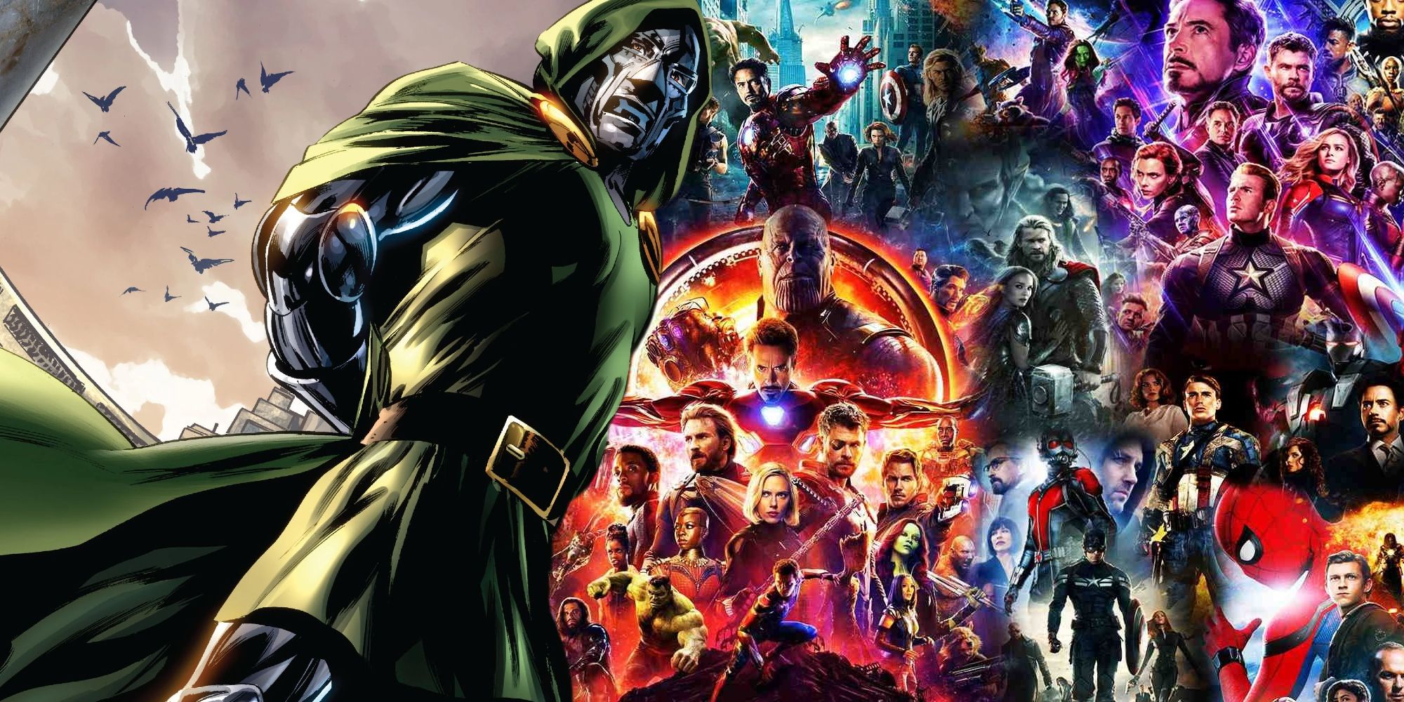 The combined posters of the Infinity Saga next to artwork of Doctor Doom from Marvel Comics