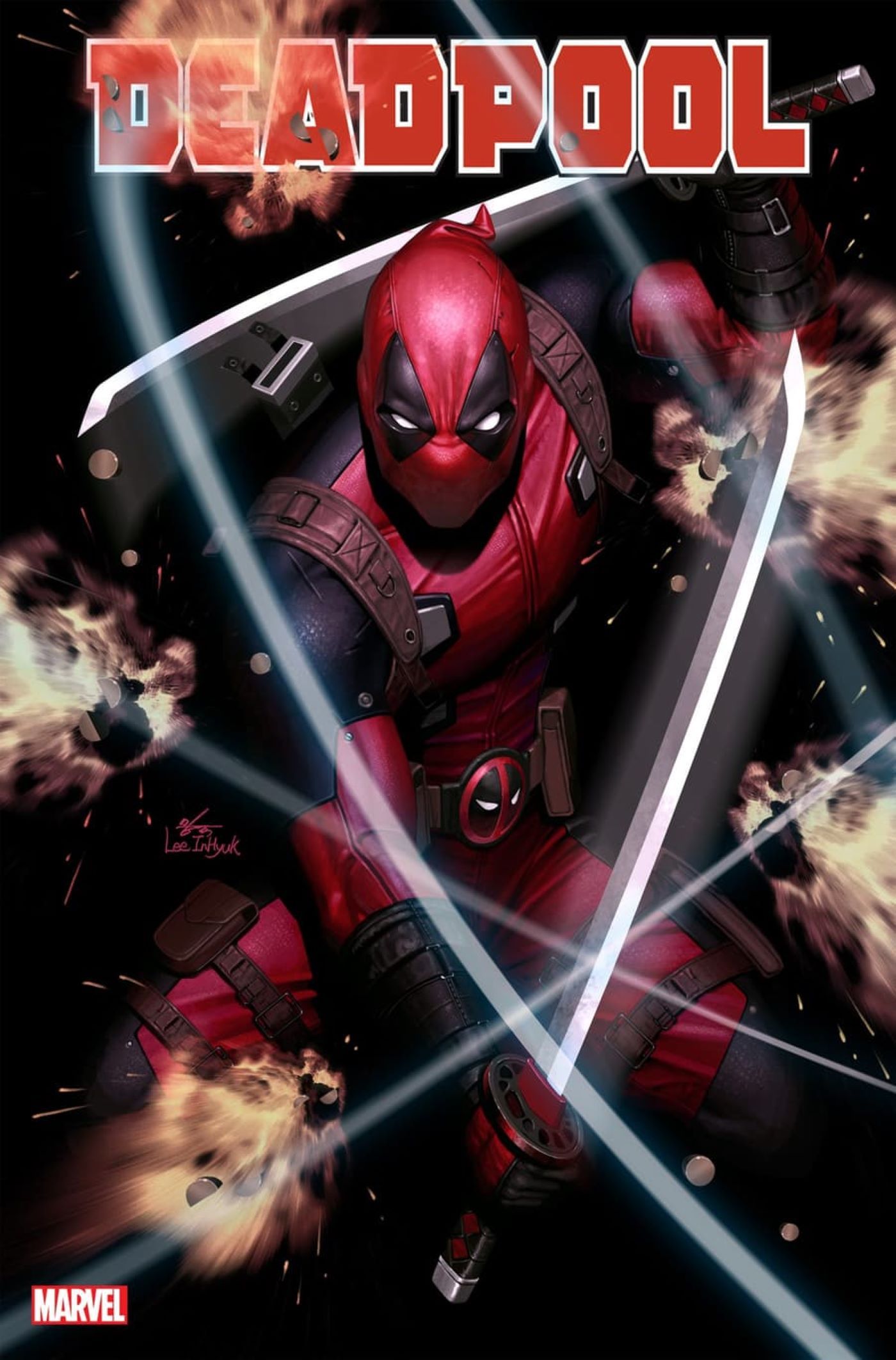 InHyuk Lee's New 'Deadpool' #1 Foil Cover featuring Wade, Katanas, and gernades