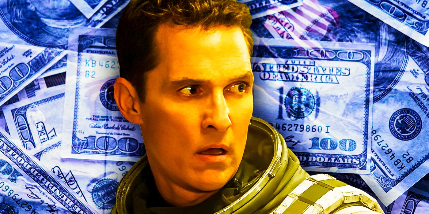 Matthew McConaughey as Cooper in Interstellar with money in the background