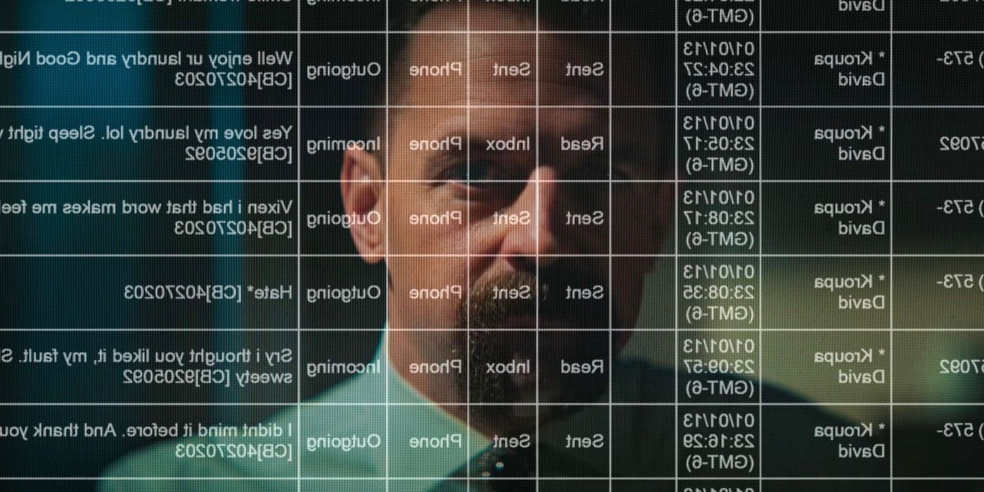 Data from Liz's phone overlays investigator's face while scrolling through the information.