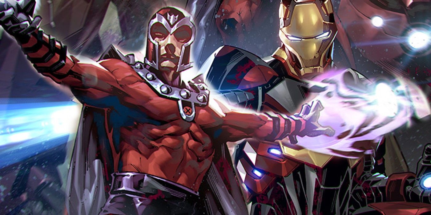 Magneto and Iron Man stand together as Magneto controls electromagnetic energy with his hands. 