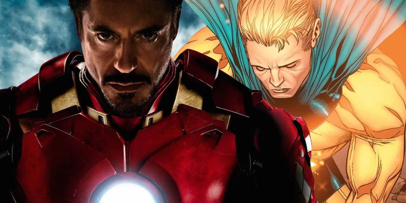 Split image of Robert Downey Jr. in armor as Iron Man and Sentry from Marvel Comics