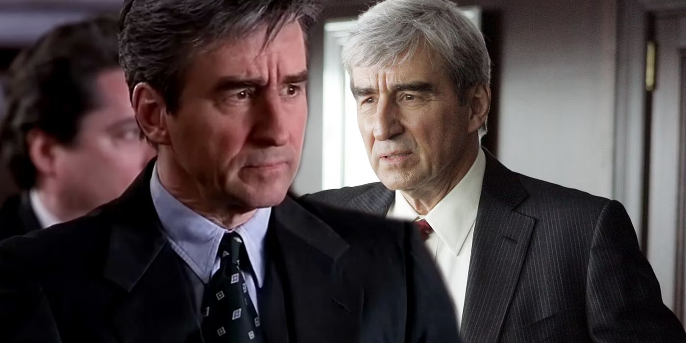A younger Jack McCoy in a Courtroom next to an older Jack McCoy in an office in Law and Order