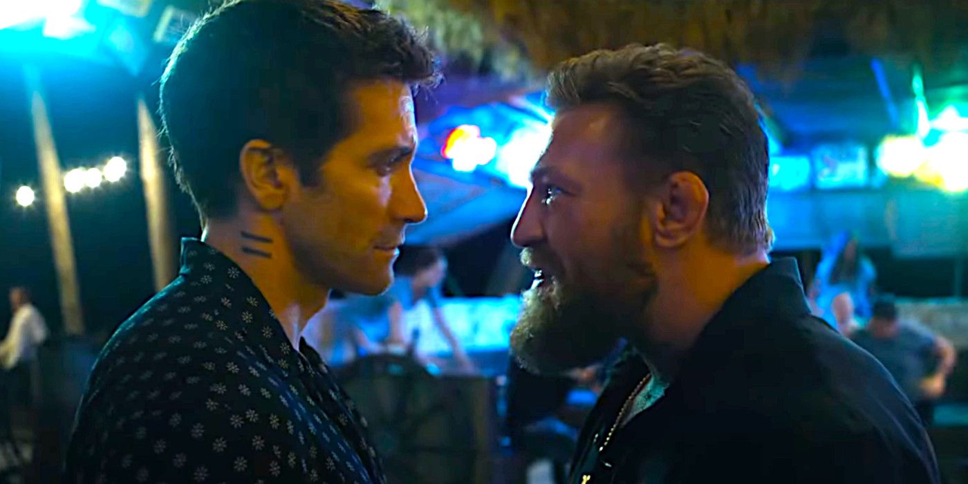 Jake Gyllenhaal and Conor McGregor going toe to toe in a tense scene from Road House