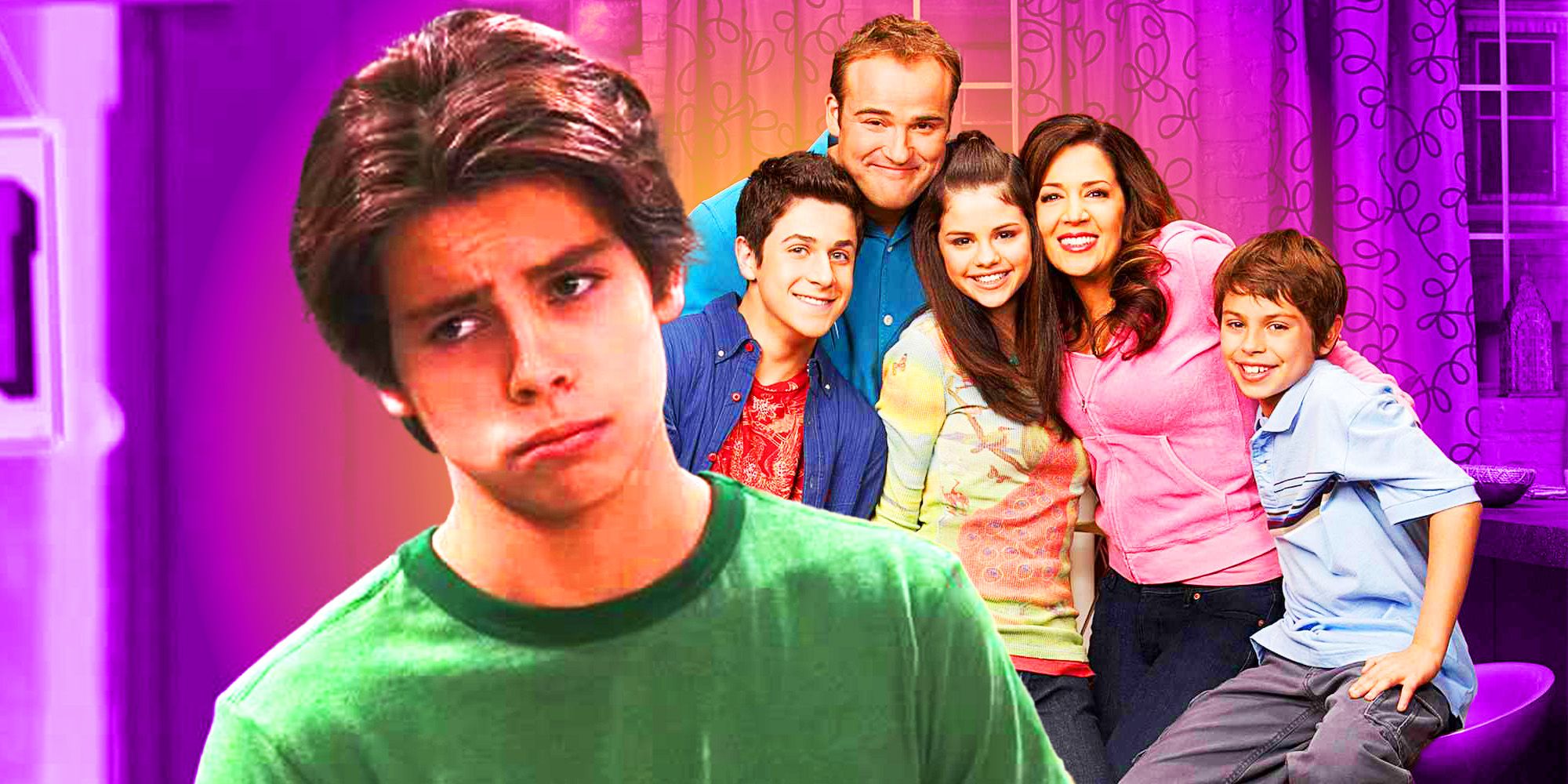 A composite image of Jake T. Austin and the cast from Wizards of Waverly Place