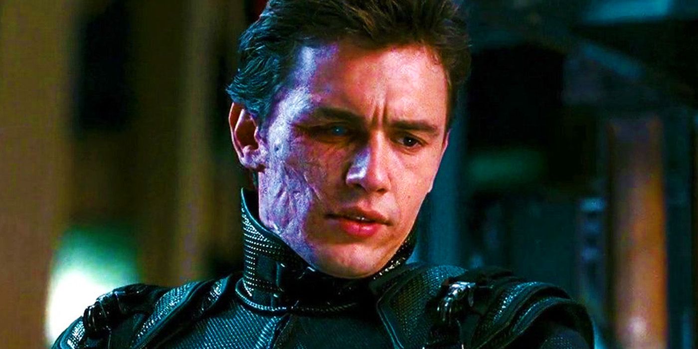 Harry Osborn, de James Franco, como o Duende Verde com cicatrizes faciais em Homem-Aranha 3