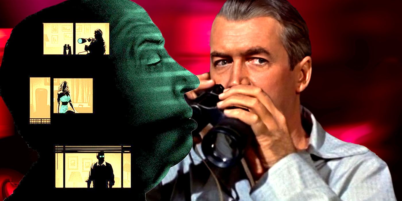 James Stewart as Jeff looking through binoculars and Alfred Hitchcock in Rear Window poster